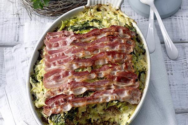 Savoy Cabbage Mince Casserole with Bacon