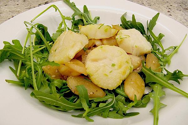 Scallops in Vanilla Oil on Asian Asparagus Salad