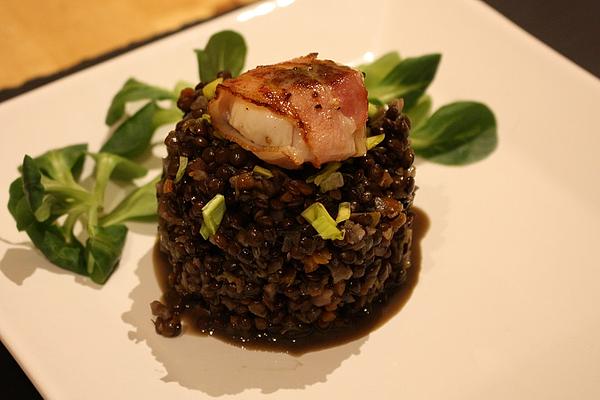 Scallops Wrapped in Bacon on Lentil Salad