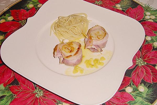 Scallops Wrapped in Herb Bacon with Saffron – Orange Sauce