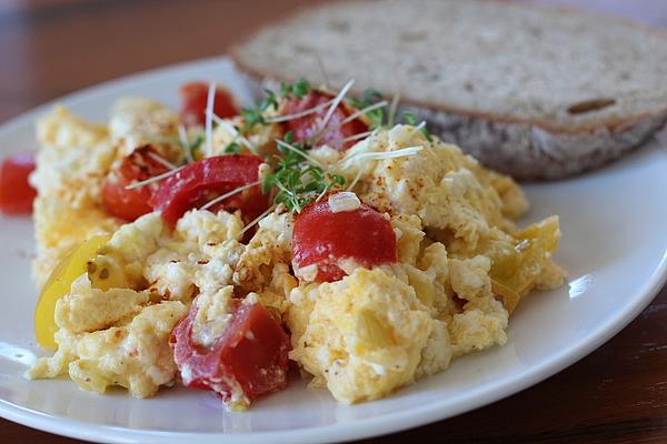 Scrambled Eggs with Tomato and Sheep Cheese