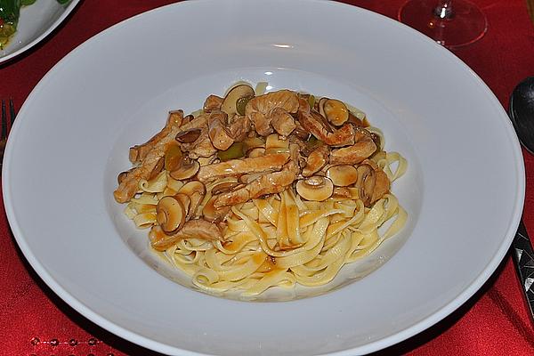 Sliced ​​meat with Mushrooms in Cream on Ribbon Noodles