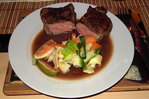 Steak with Fig and Port Wine Sauce on Vegetable Noodles