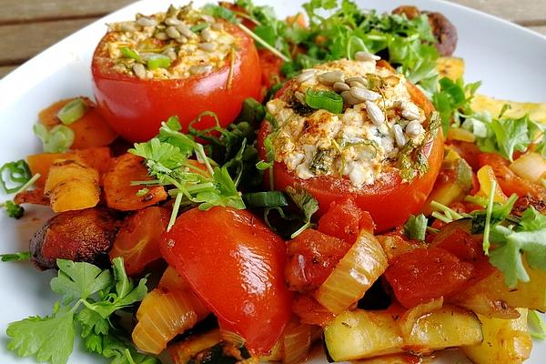 Stuffed Tomatoes with Feta on Stewed Vegetables