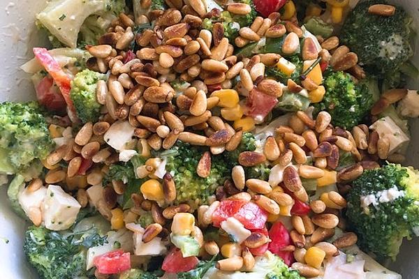 Summer Broccoli Salad with Peppers and Pine Nuts
