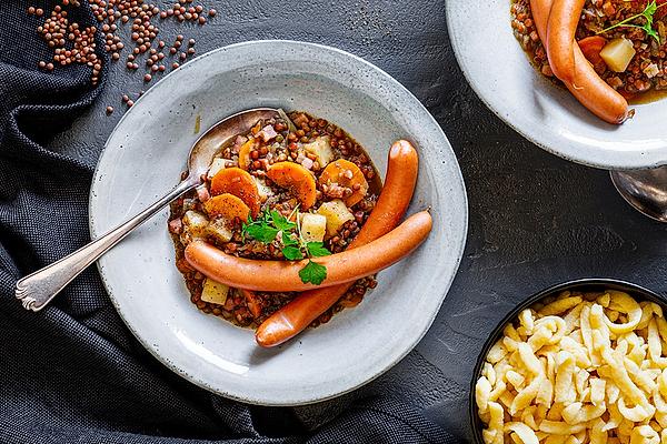 Swabian Lentils with Spaetzle and String Sausages