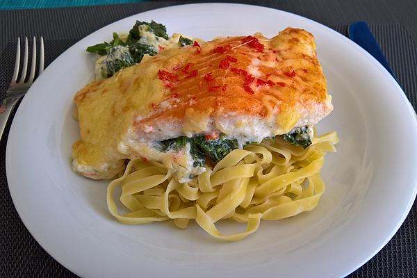 Sweet and Spicy Salmon on Spinach with Cream Sauce and Honey Crust
