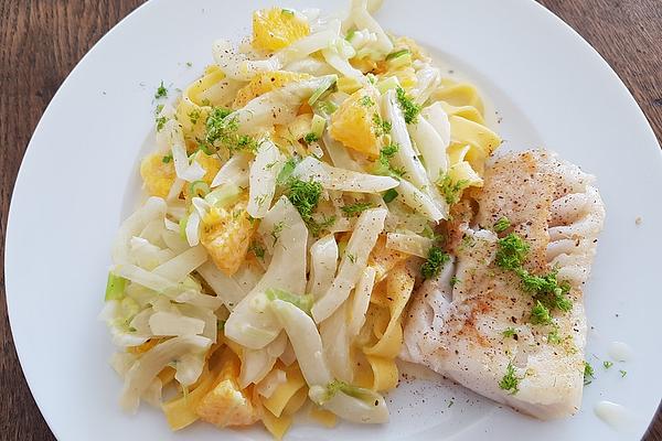 Tagliatelle in Orange-fennel Sauce with Fried Pieces Of Cod Fillet