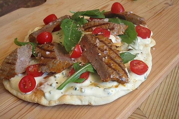 Tarte Flambée Barbecue Type with Steak and Cherry Tomatoes