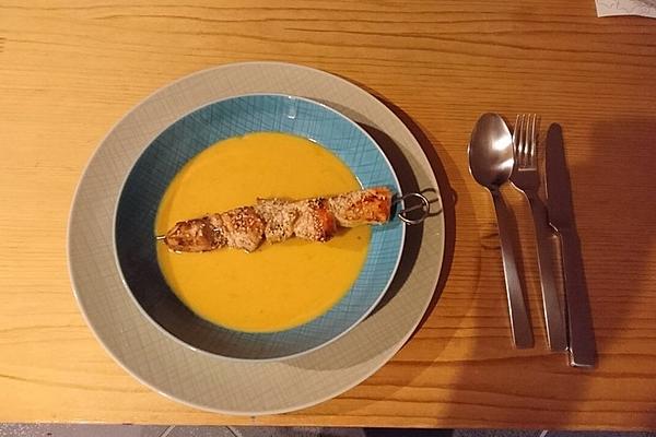 Thai Sweet Potato Soup with Chicken Skewer and Sesame Seeds