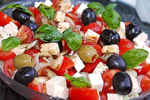 Tomato Salad with Feta Cheese, Olives and Basil