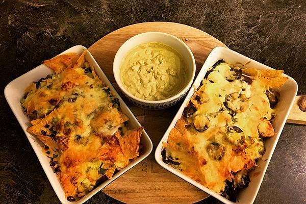 Tortilla Chips Casserole with Gyros and Vegetables and Avocado Dip