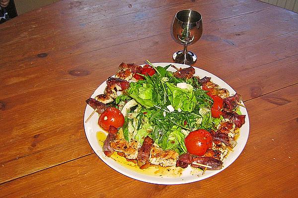 Turkey Skewers with Dates Wrapped in Bacon and Salad