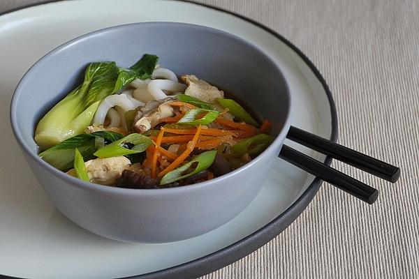 Udon Noodle Soup with Chicken, Shiitake, Pak Choi and Carrots