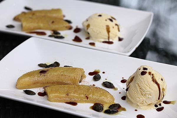 Vanilla Ice Cream with Pumpkin Seed Oil and Fried Banana Slices