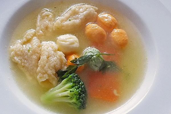 Vegetable Soup with Red and Green Pesto Dumplings