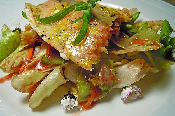 Warm Pickled Tarragon – Salmon Fillet on Fruity Bed Of Lettuce