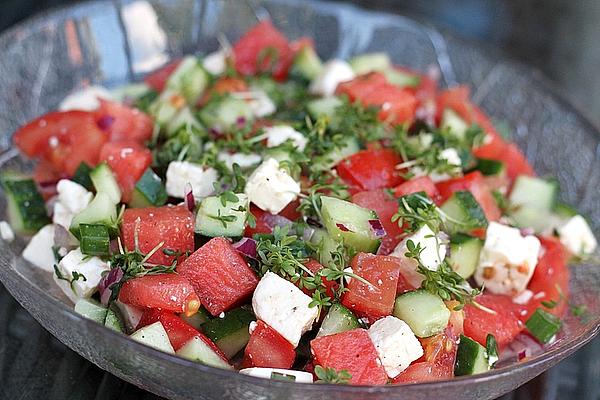 Watermelon Salad with Feta, Cucumber and Tomatoes