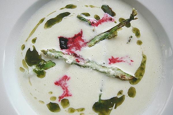 White Asparagus Soup with Basil Oil, Beetroot Jelly