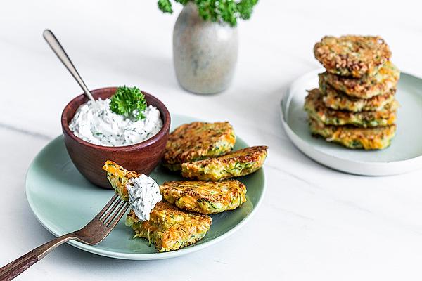 Zucchini and Carrot Pancakes with Herb and Yoghurt Cream