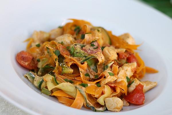 Zucchini Carrot Ribbon Noodles with Chicken and Tomato