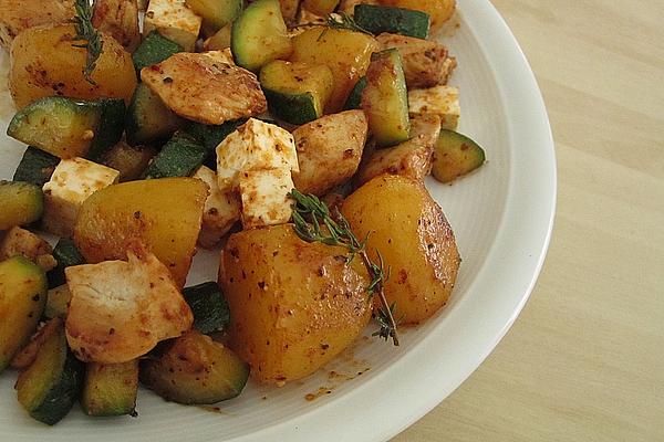 Zucchini Chicken Pan with Potatoes and Feta Cheese