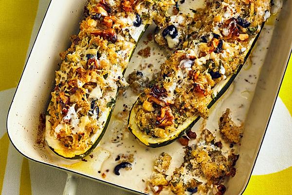 Zucchini Stuffed with Quinoa with Walnut and Goat Cheese Topping