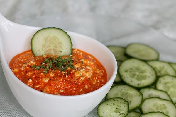Ajvar Cream Cheese Dip with Cucumber Slices
