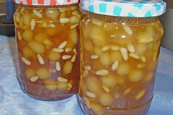 Amaretto Jelly with Marzipan and Pine Nuts