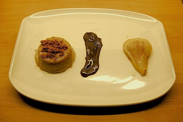 Amaretto Pudding with Chocolate Sauce and Gratinated Pears