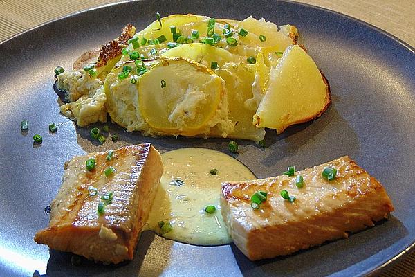 Arctic Trout on Potato and Zucchini Gratin in Mustard and Dill Sauce
