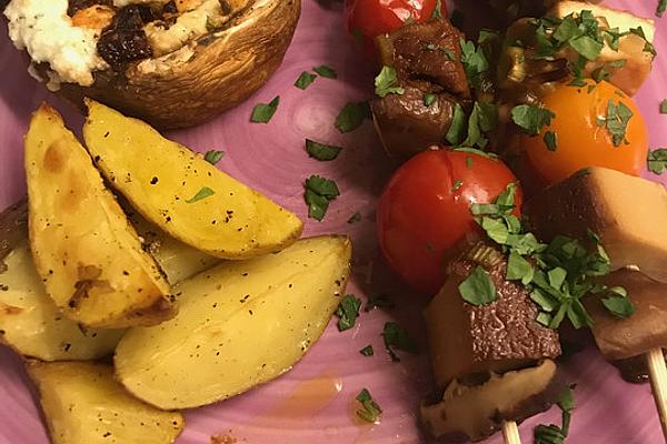 Asian Tofu and Vegetable Skewers with Filled Portobello Mushrooms and Baked Potatoes