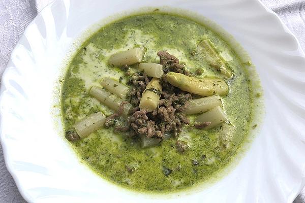 Asparagus and Cheese Mince Soup with Wild Garlic