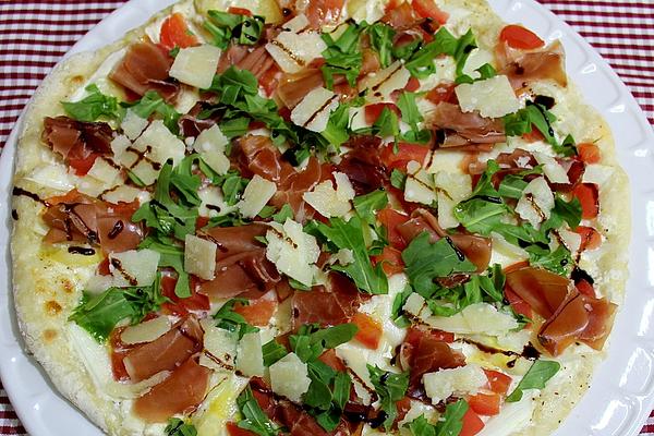 Asparagus Pizza with Ham, Rocket and Pecorino Cheese