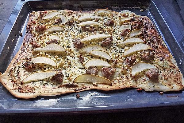 Autumnal Tarte Flambée with Pears, Minced Meat and Parsnips