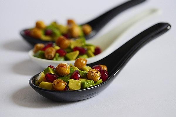 Avocado with Spicy Roasted Chickpeas and Pomegranate Seeds