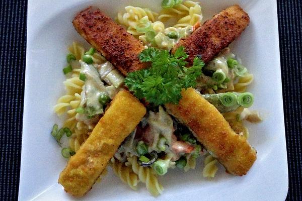 Axels Noodles and Fish Fingers with Light Asian Vegetable Sauce