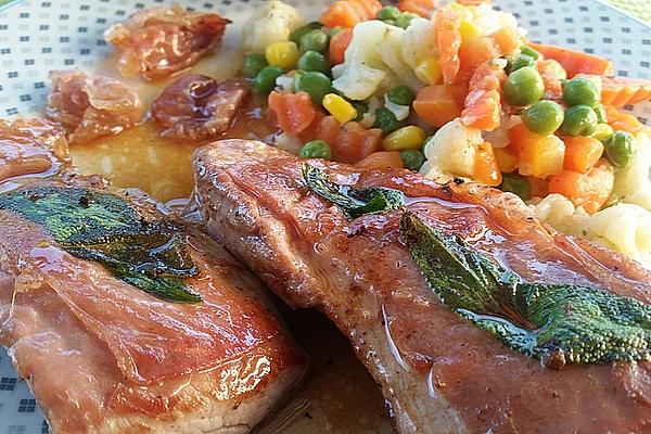 Axel`s Pork Fillet Saltimbocca with Buttered Vegetables &amp; Baguette