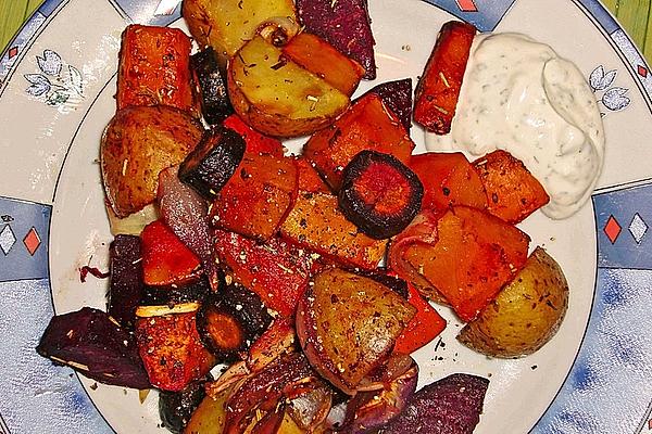 Baked Autumn Vegetables with Goat Cheese Dip