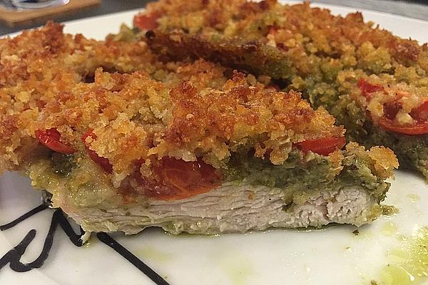 Baked Pesto Chicken with Bread Crust