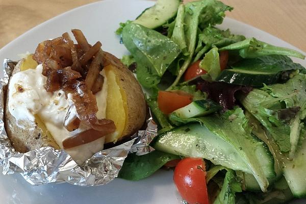 Baked Potatoes with Fiery Garlic Curd and Balsamic Onions