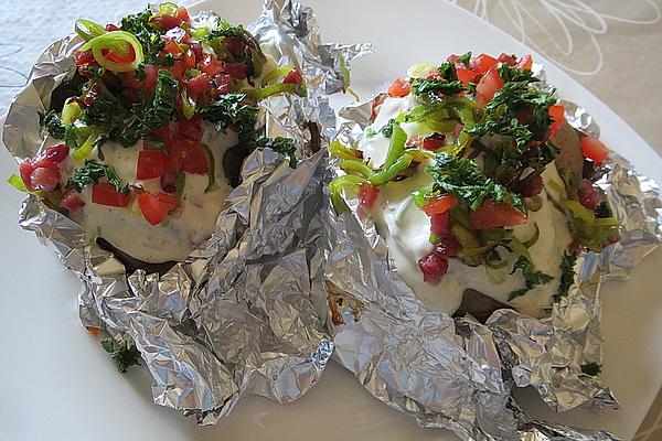 Baked Potatoes with Ham and Leek Topping