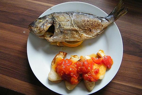 Baked Sea Bream with Patisson Squash and Tomato Sauce