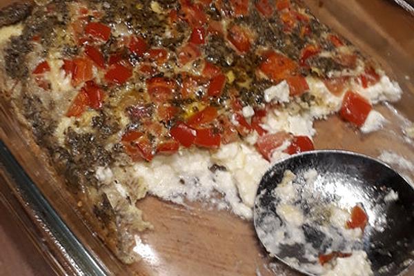Baked Sheep Cheese Casserole with Tomato and Bell Pepper