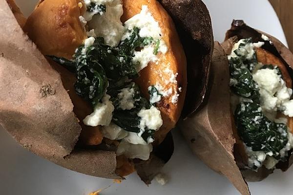 Baked Sweet Potato with Feta and Spinach