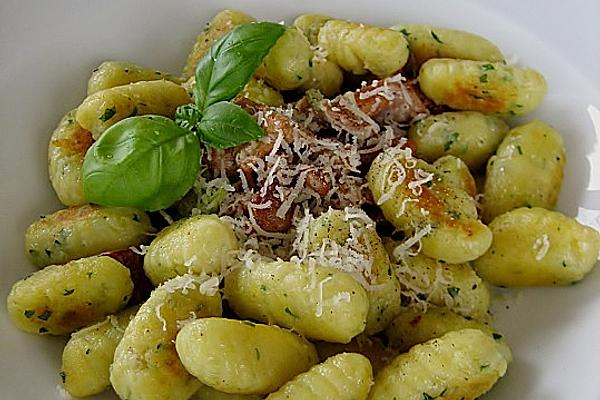 Basil Potato Gnocchi with Chanterelles and Parma Ham