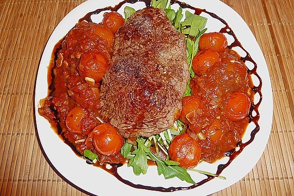 Beef Rump Steak with Rocket and Balsamic Cream with Cherry Tomato Sauce