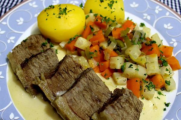 Beef Soup with Root Vegetables, Boiled Potatoes and Horseradish Sauce