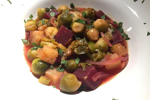 Beetroot and Brussels Sprouts Stew with Pineapple and Mint