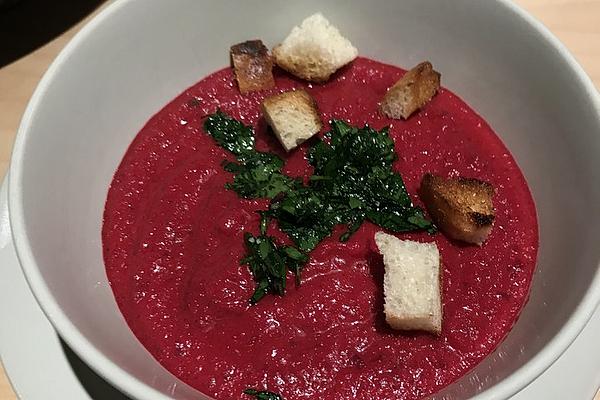 Beetroot Foam Soup with Fresh Herbs in Olive Oil